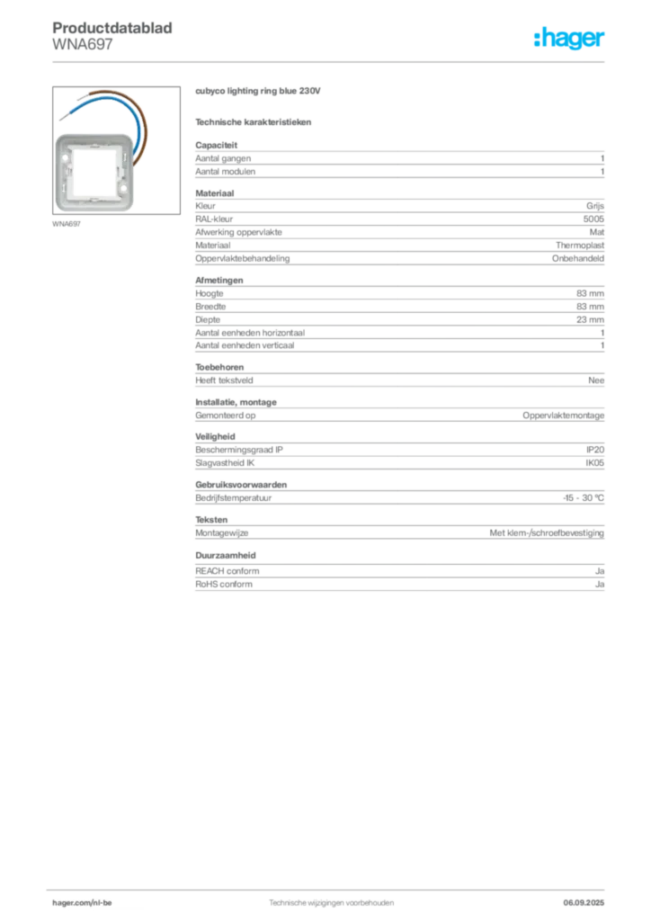 Afbeelding Hager Productdatablad WNA697 | Hager Belgium