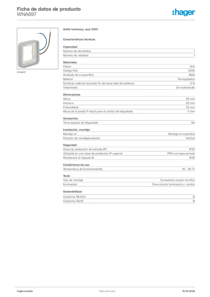 Imagen Hager Ficha de datos de producto WNA697 | Hager España