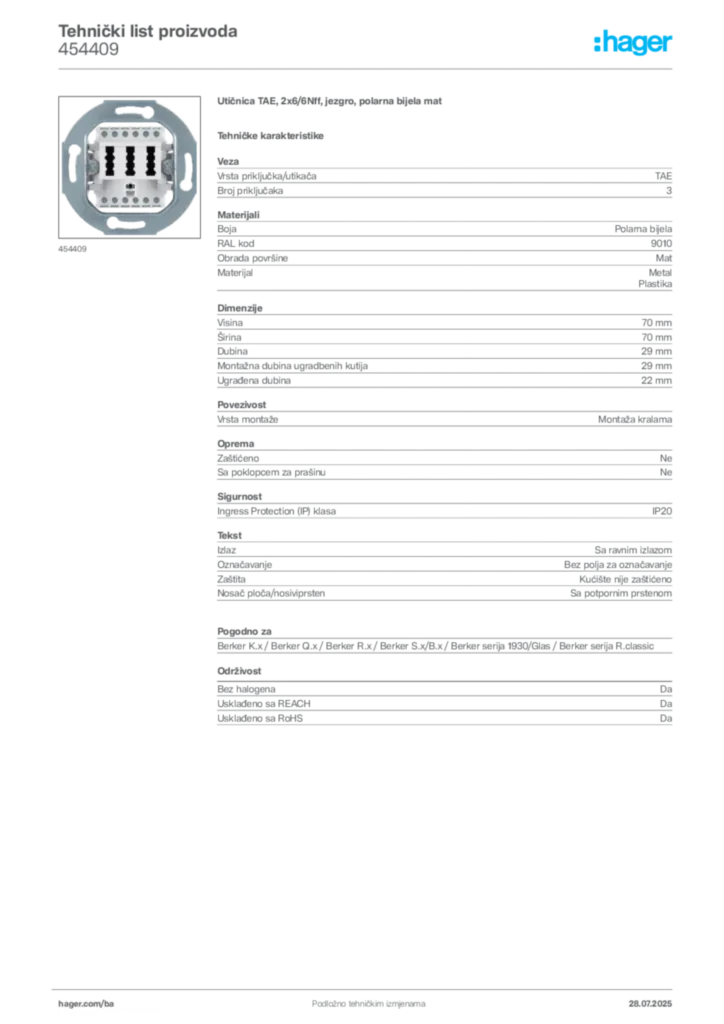 Slika Hager Product data sheet 454409  | Hager