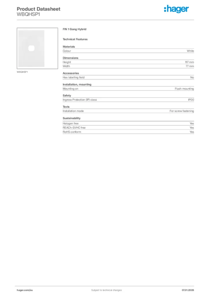 Image Hager Product data sheet WBQHSP1  | Hager Australia