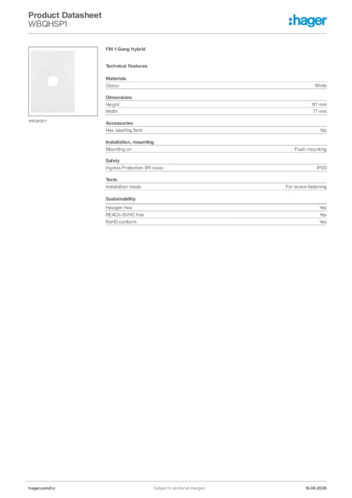 Image Hager Product data sheet WBQHSP1  | Hager New Zealand