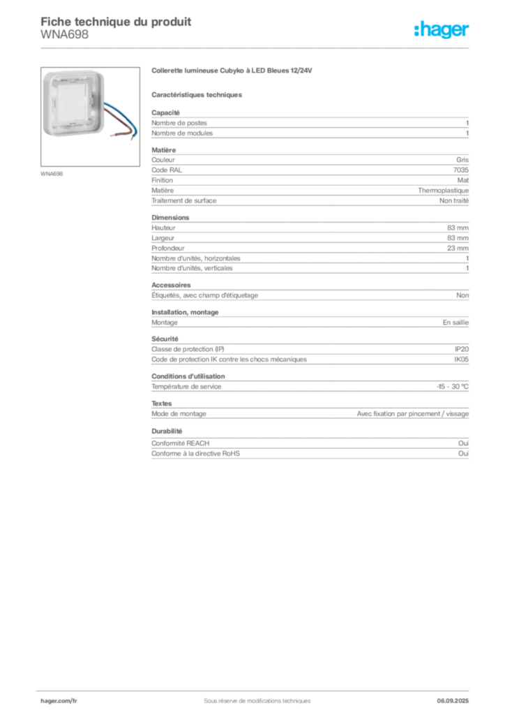 Image Hager Fiche technique du produit WNA698 | Hager France