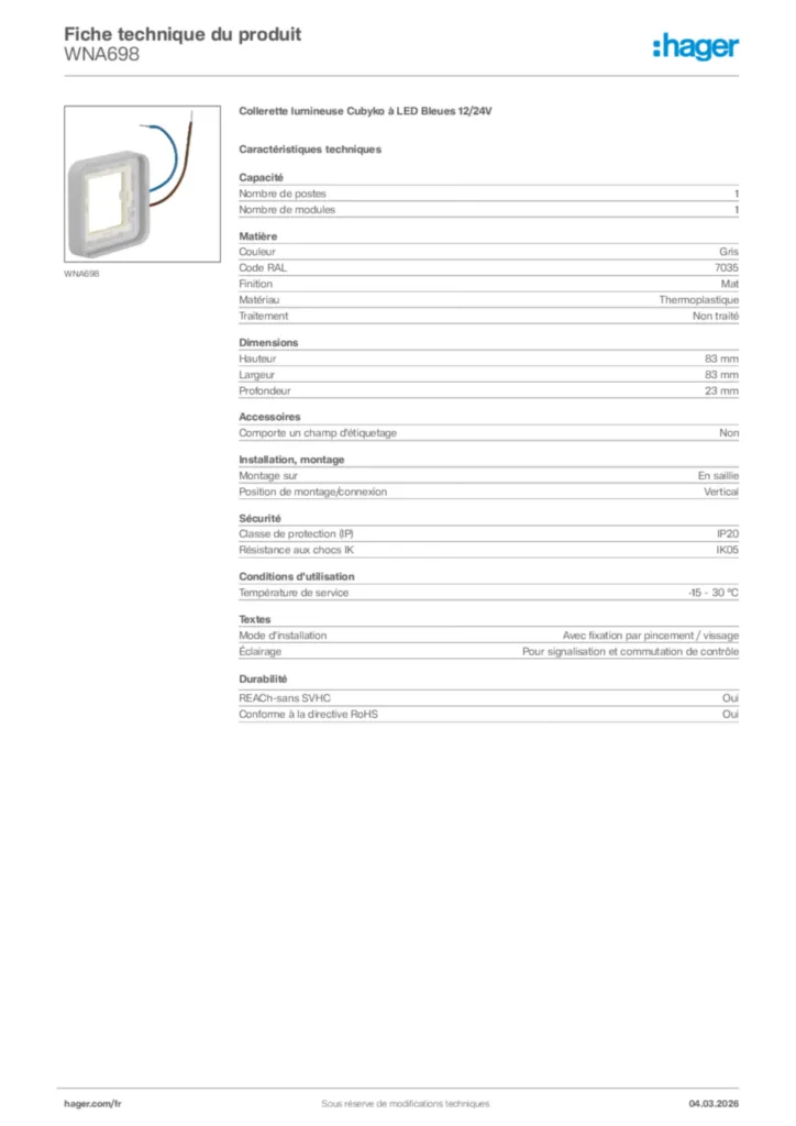Image Hager Fiche technique du produit WNA698 | Hager France