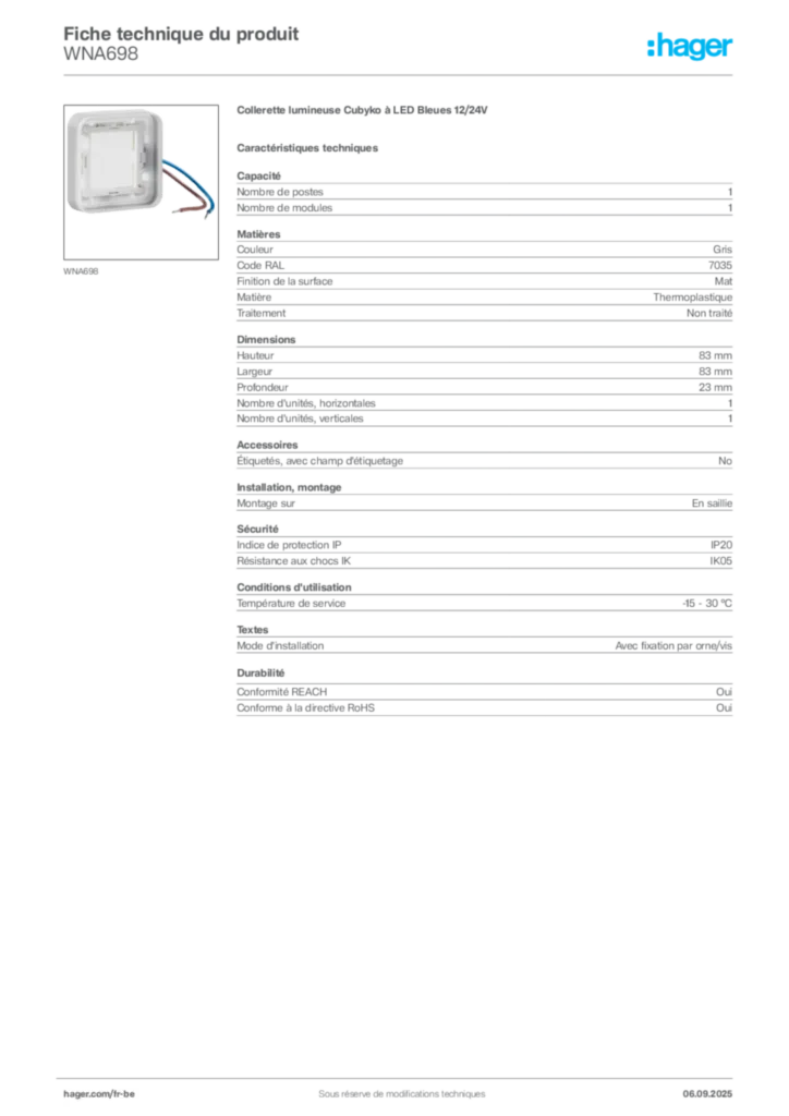 Image Hager Fiche technique du produit WNA698 | Hager Belgique