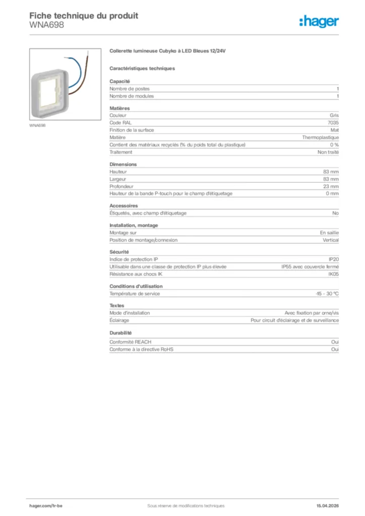 Image Hager Fiche technique du produit WNA698 | Hager Belgique