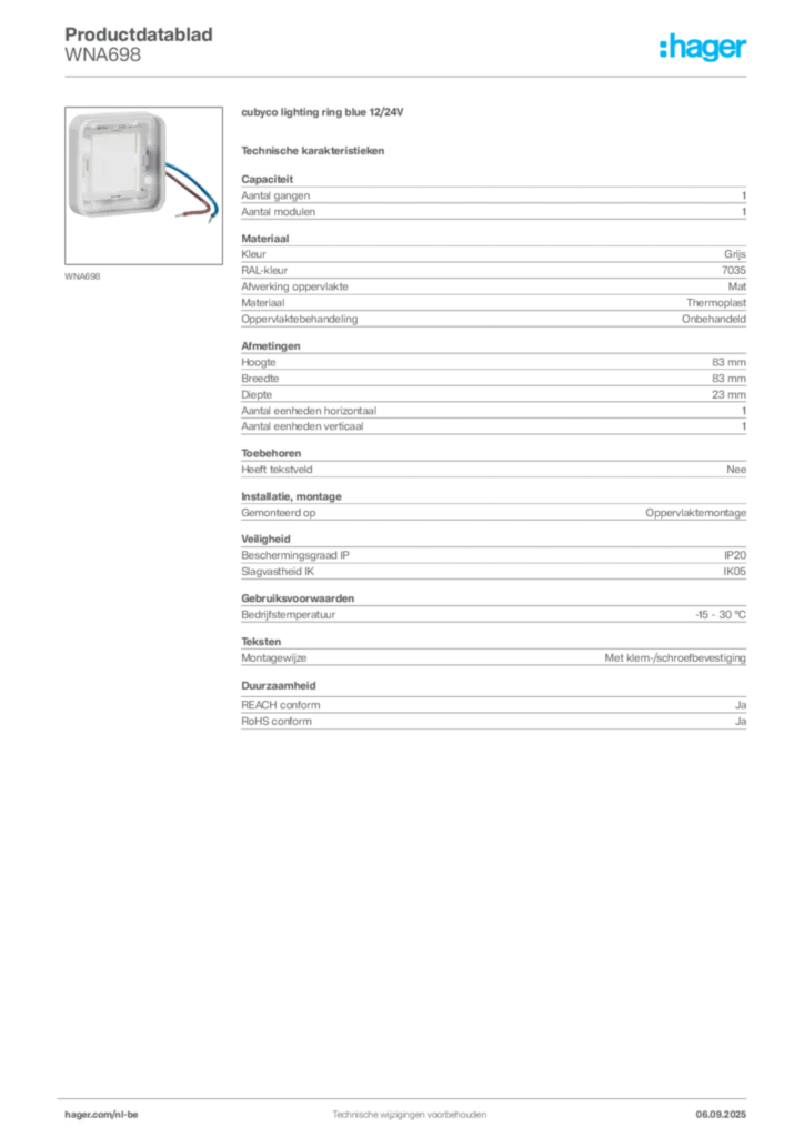 Afbeelding Hager Productdatablad WNA698 | Hager Belgium