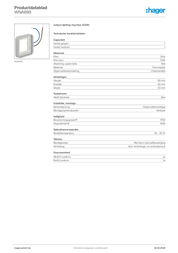 Afbeelding Hager Productdatablad WNA698 | Hager Belgium