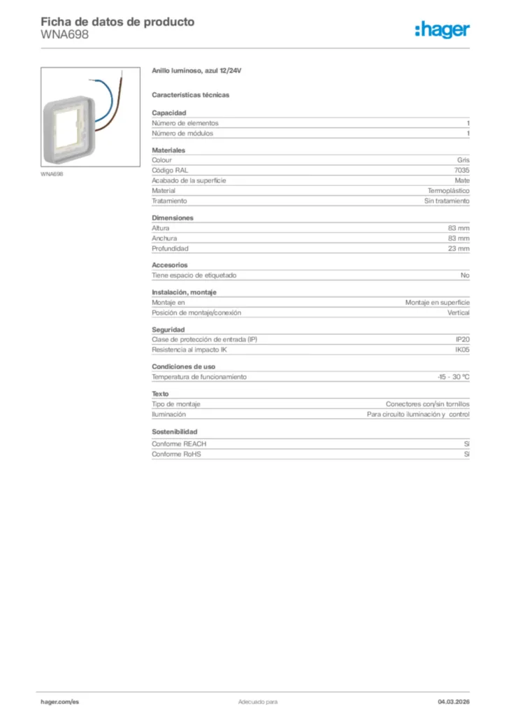 Imagen Hager Ficha de datos de producto WNA698 | Hager España