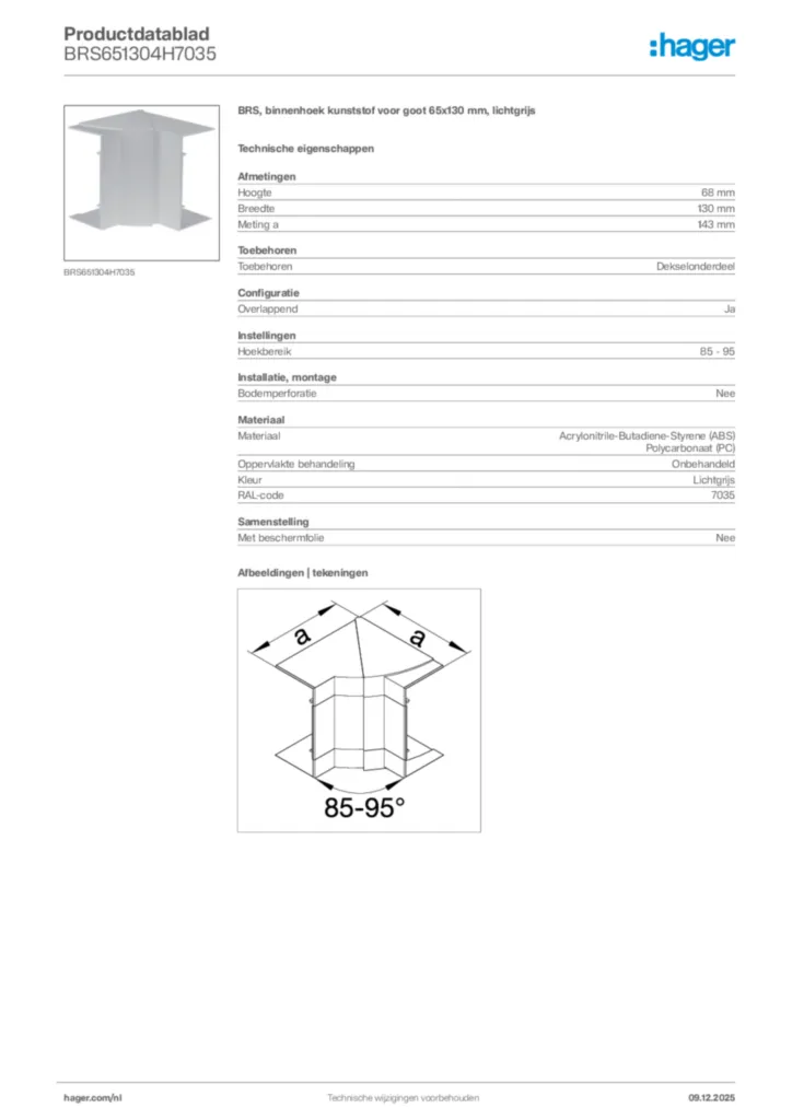 Afbeelding Hager Productdatablad BRS651304H7035 | Hager Nederland