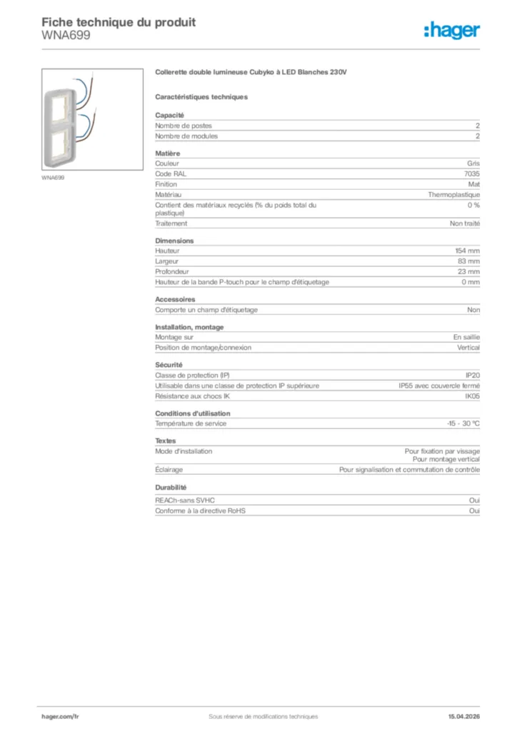 Image Hager Fiche technique du produit WNA699 | Hager France