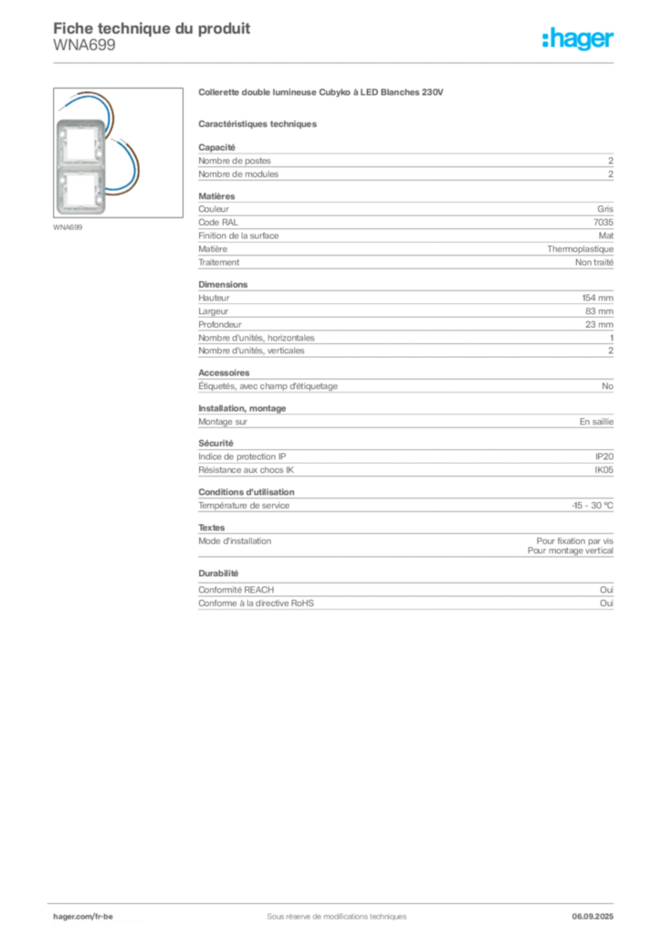 Image Hager Fiche technique du produit WNA699 | Hager Belgique