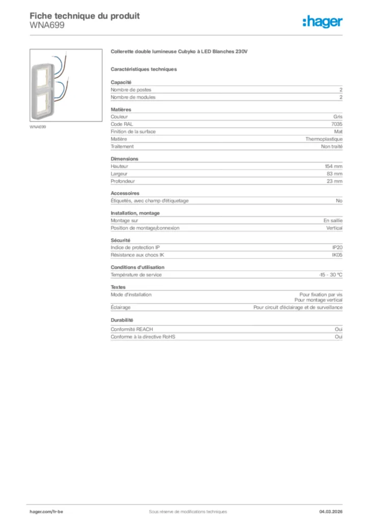 Image Hager Fiche technique du produit WNA699 | Hager Belgique