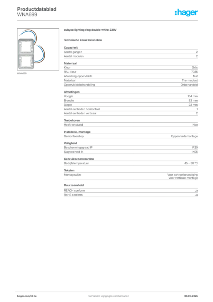 Afbeelding Hager Productdatablad WNA699 | Hager Belgium