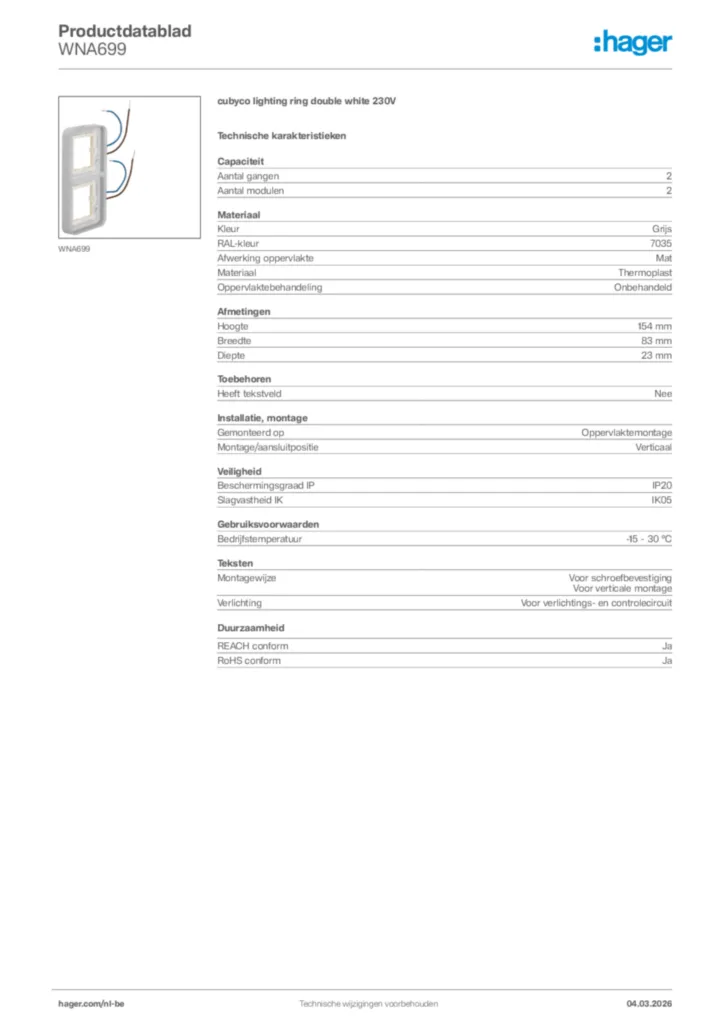 Afbeelding Hager Productdatablad WNA699 | Hager Belgium