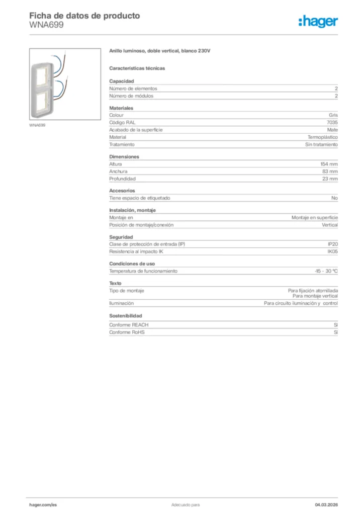 Imagen Hager Ficha de datos de producto WNA699 | Hager España