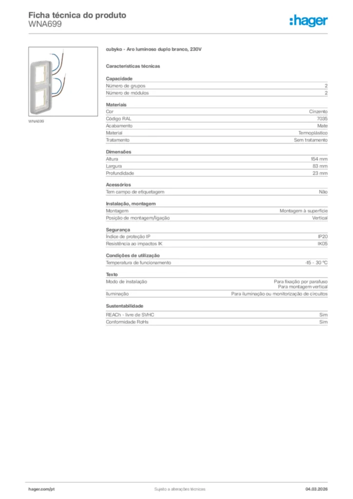 Imagem Hager Ficha técnica do produto WNA699 | Hager Portugal