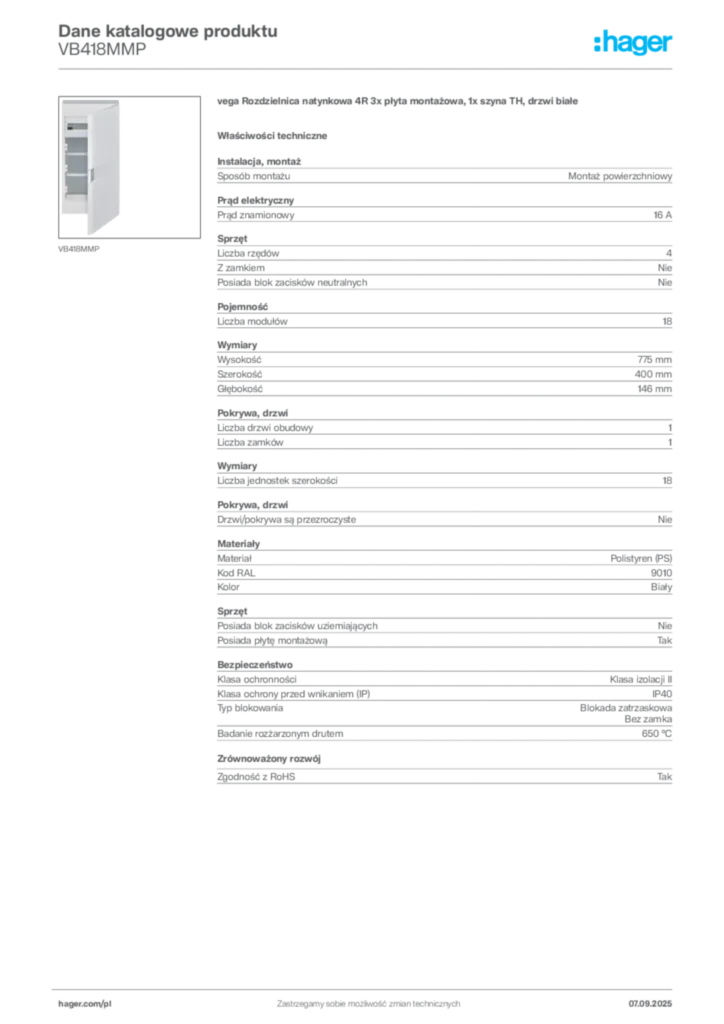 Zdjęcie Hager Dane katalogowe produktu VB418MMP | Hager Polska
