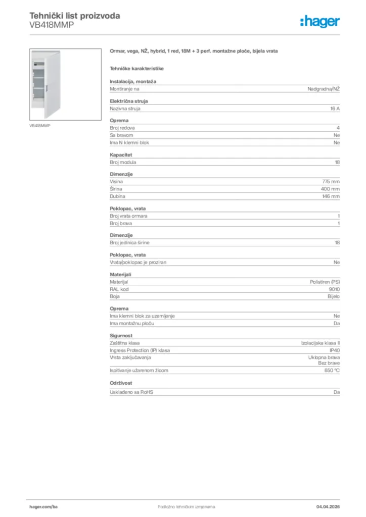 Slika Hager Tehnički list proizvoda VB418MMP  | Hager