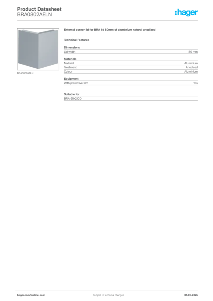 Image Hager Product data sheet BRA0802AELN  | Hager