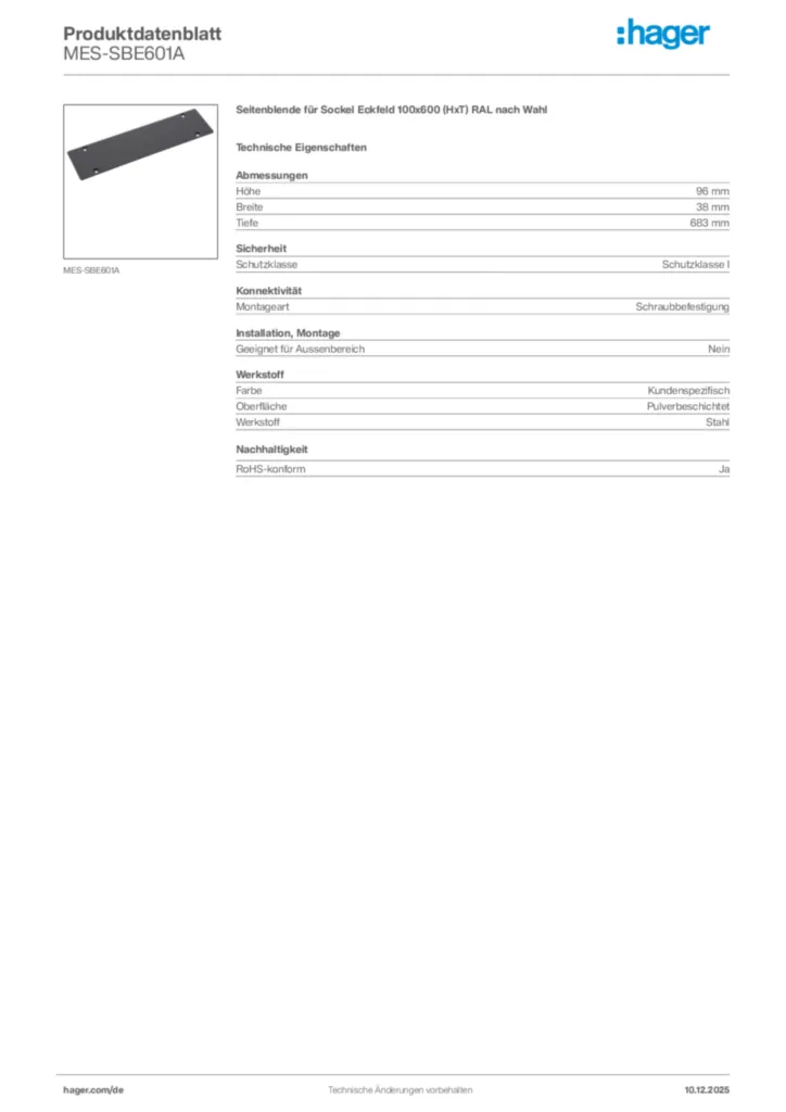 Bild Hager Produktdatenblatt MES-SBE601A | Hager Deutschland