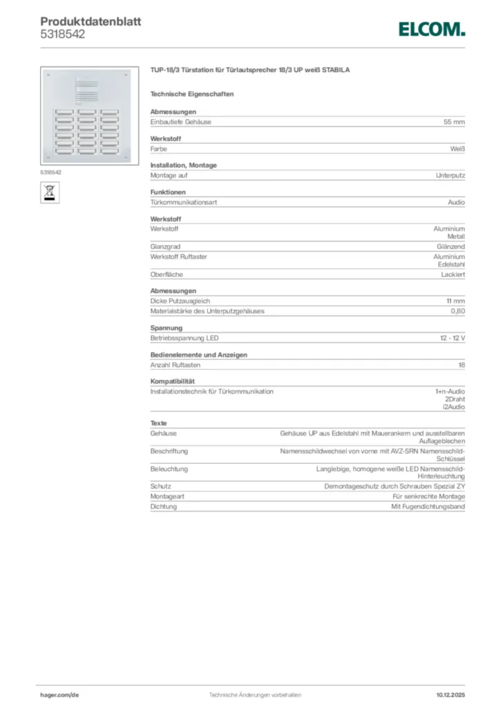 Bild Elcom Produktdatenblatt 5318542 | Hager Deutschland