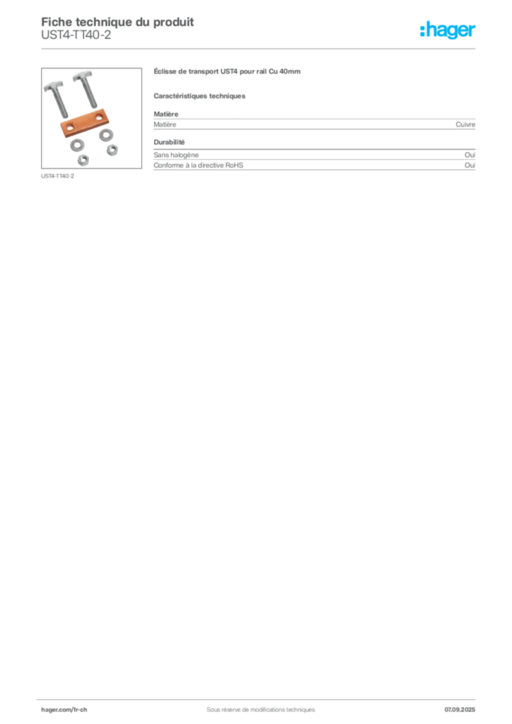 Image Hager Fiche technique du produit UST4-TT40-2 | Hager Suisse