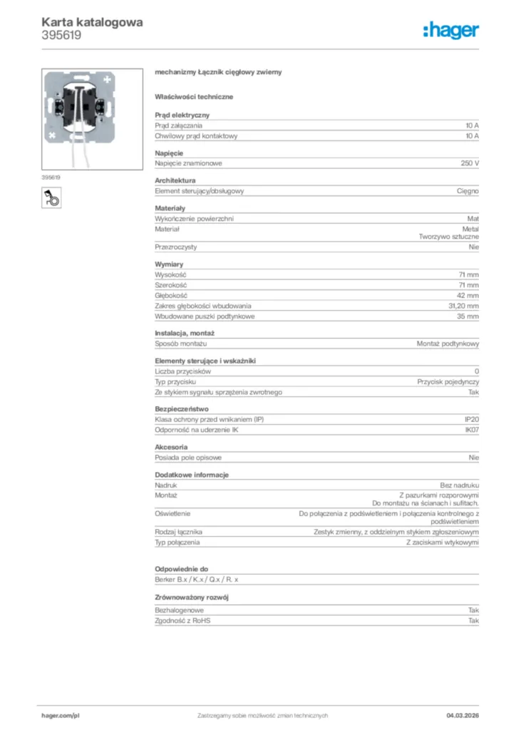 Zdjęcie Hager Karta katalogowa 395619 | Hager Polska