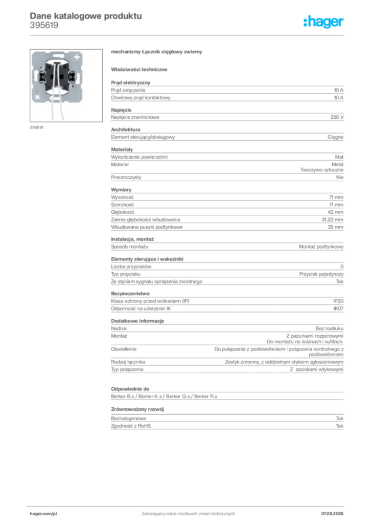 Zdjęcie Hager Dane katalogowe produktu 395619 | Hager Polska