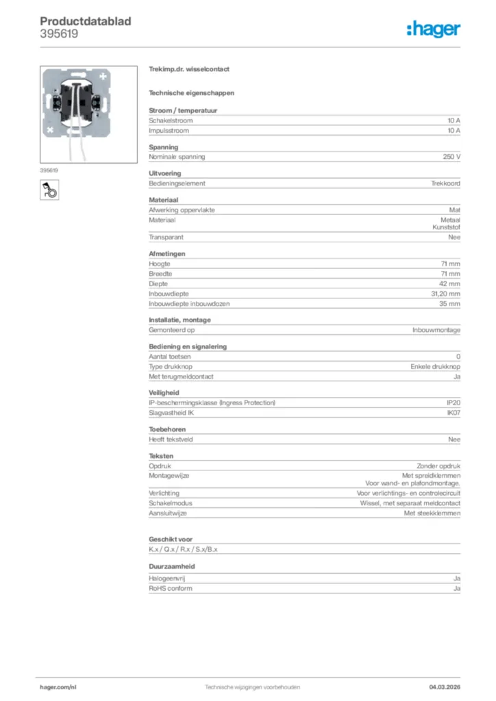 Afbeelding Hager Productdatablad 395619 | Hager Nederland