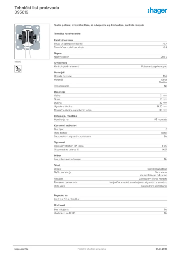 Slika Hager Tehnički list proizvoda 395619  | Hager