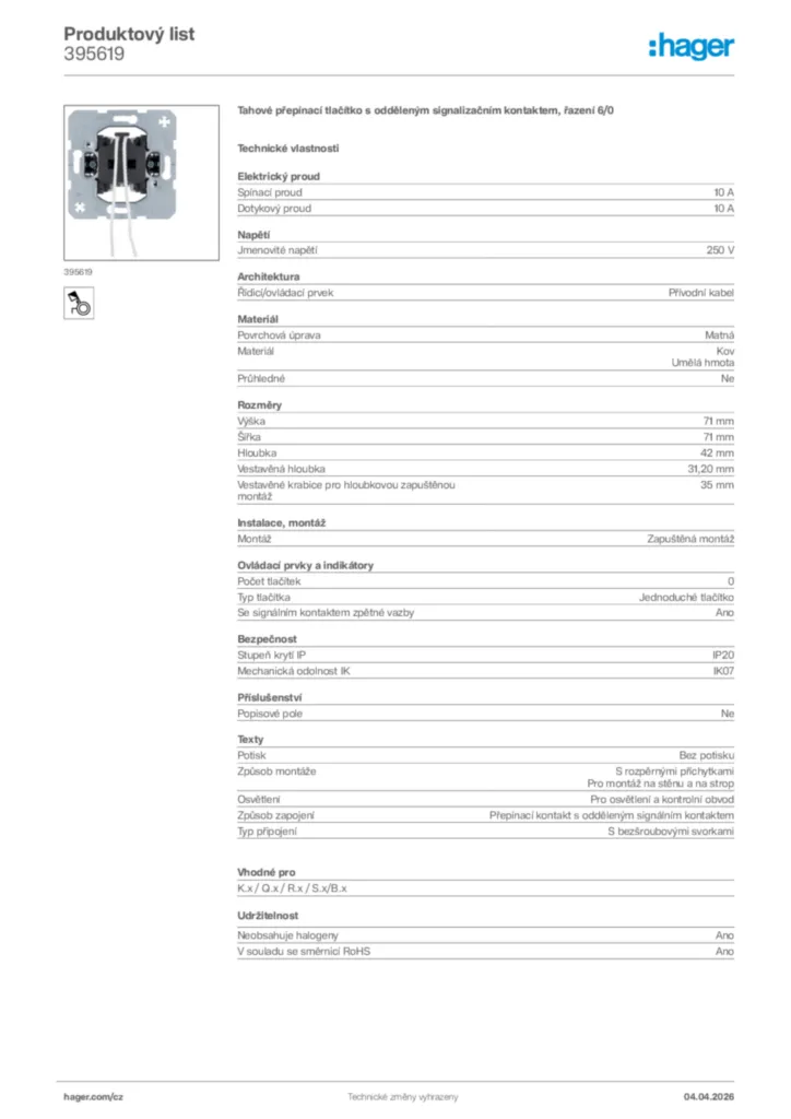 Obrázek Hager Product data sheet 395619 | Hager