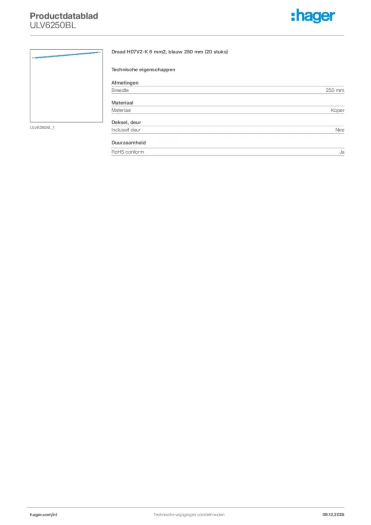Afbeelding Hager Productdatablad ULV6250BL | Hager Nederland