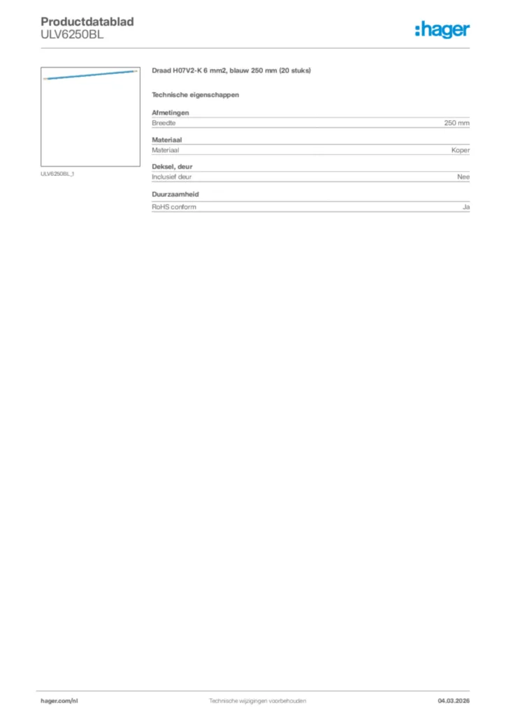 Afbeelding Hager Productdatablad ULV6250BL | Hager Nederland