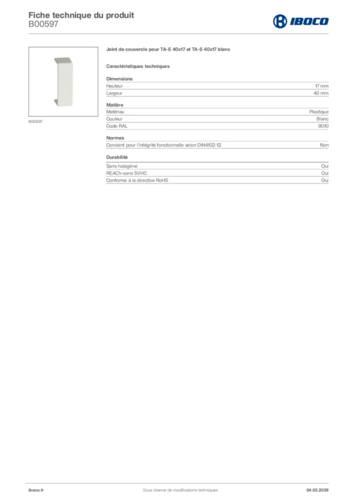 Image Iboco Fiche technique du produit B00597 | Hager France