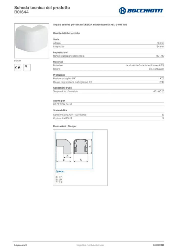 Immagine Bocchiotti Scheda tecnica del prodotto B01644 | Hager Italia