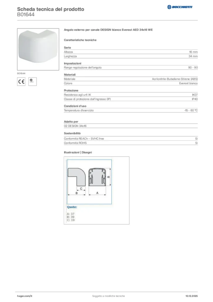 Immagine Bocchiotti Scheda tecnica del prodotto B01644 | Hager Italia