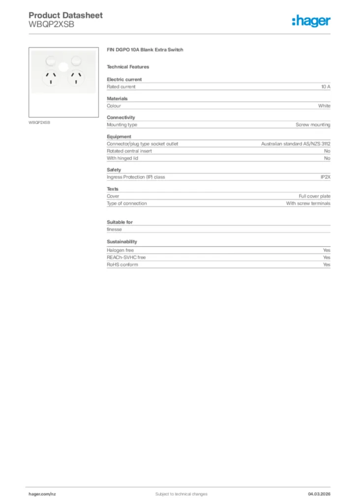 Image Hager Product data sheet WBQP2XSB  | Hager New Zealand