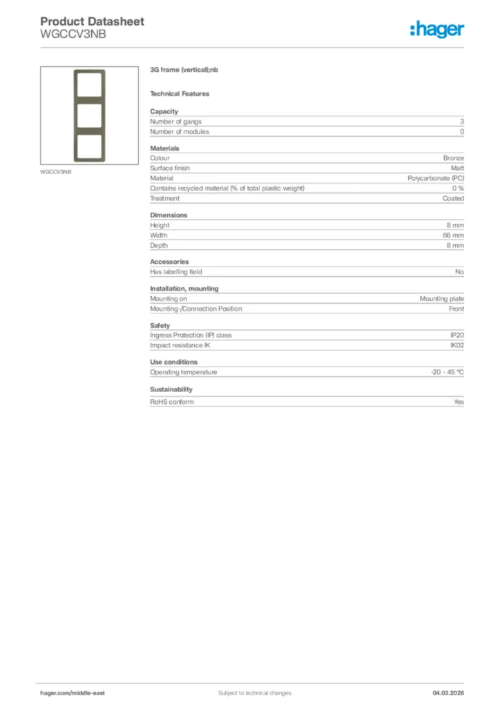 Image Hager Product data sheet WGCCV3NB  | Hager