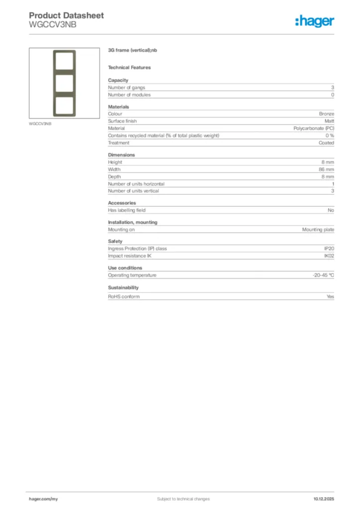 Image Hager Product data sheet WGCCV3NB  | Hager