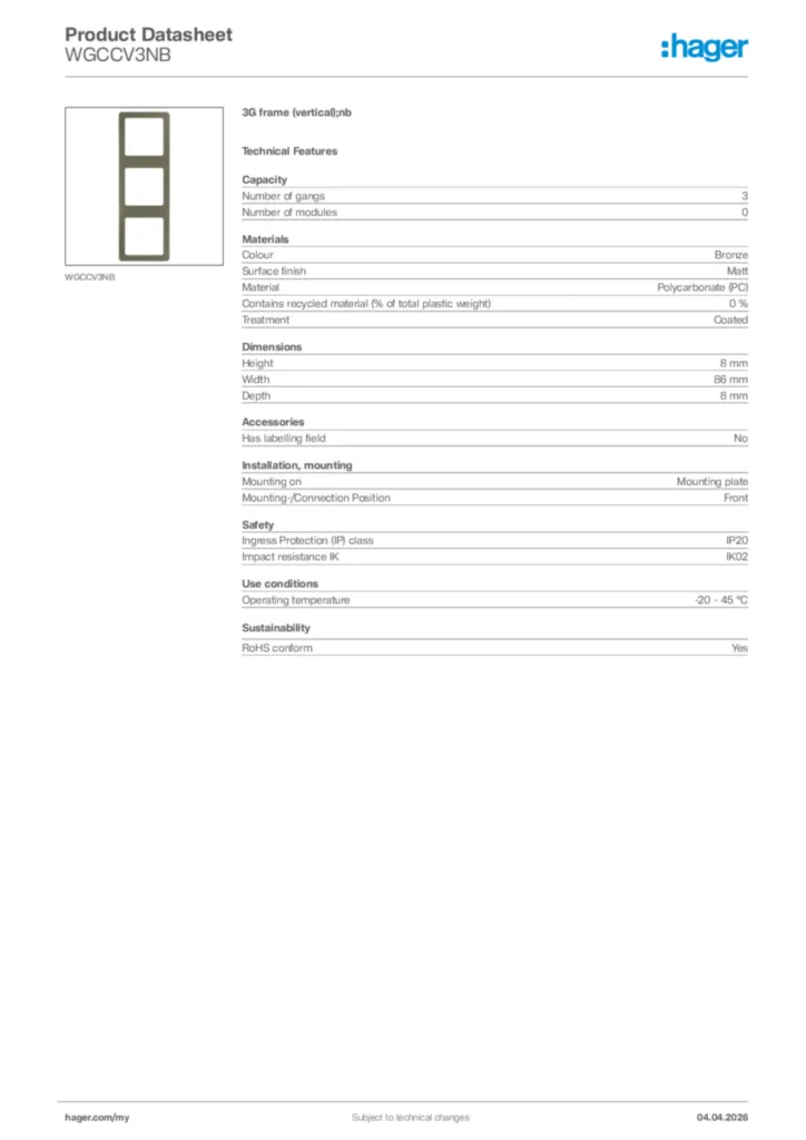 Image Hager Product data sheet WGCCV3NB  | Hager