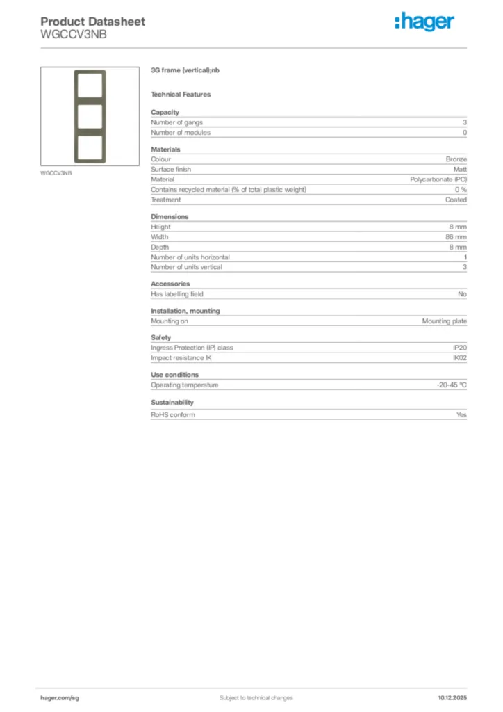 Image Hager Product data sheet WGCCV3NB  | Hager