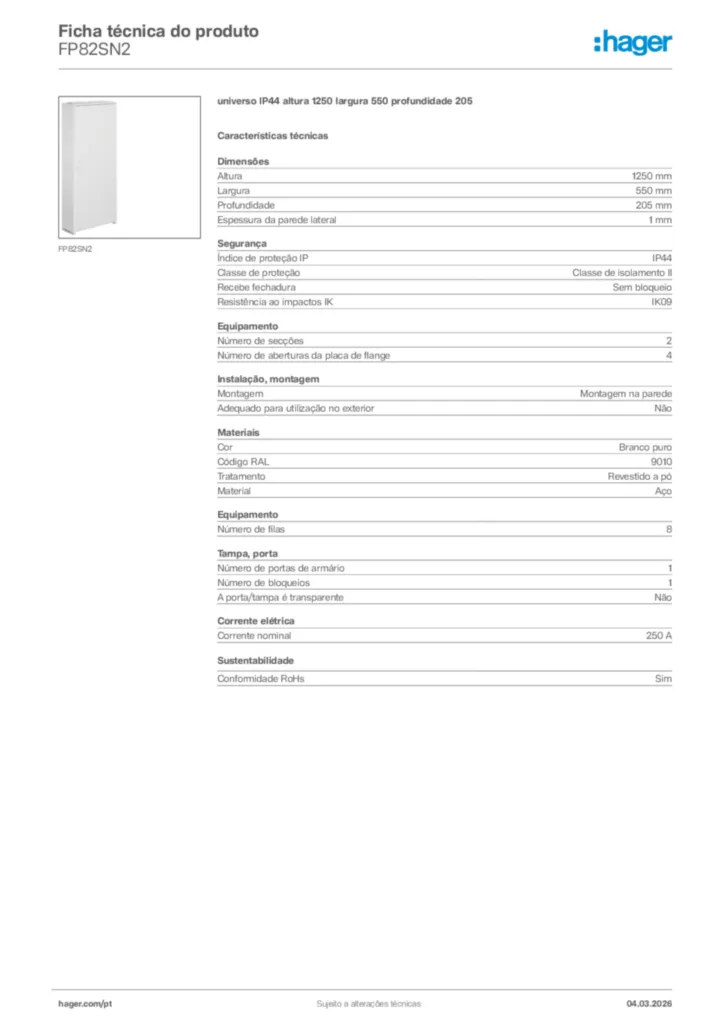 Imagem Hager Ficha técnica do produto FP82SN2 | Hager Portugal
