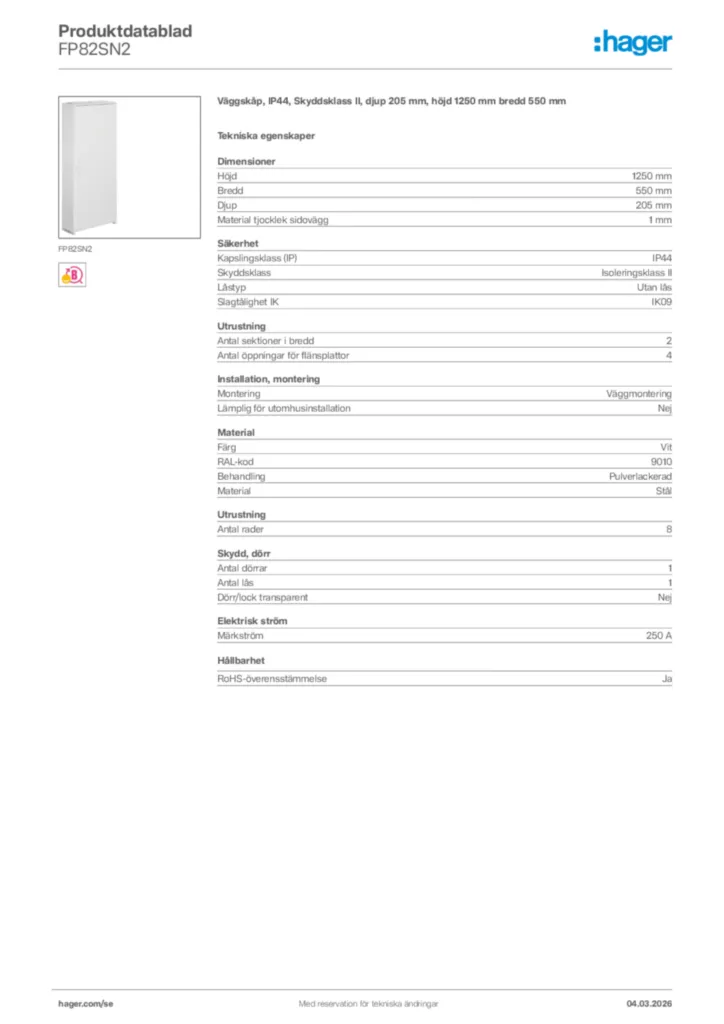 Bild Hager Produktdatablad FP82SN2 | Hager Sverige