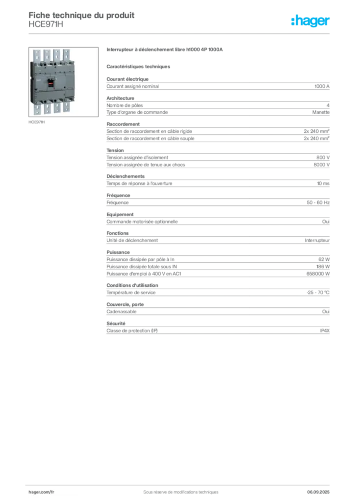 Image Hager Fiche technique du produit HCE971H | Hager France
