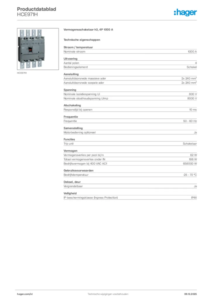 Afbeelding Hager Productdatablad HCE971H | Hager Nederland