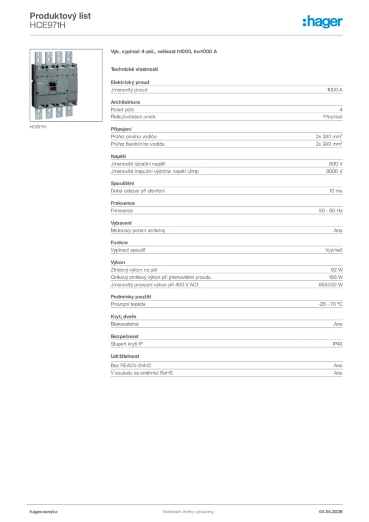 Obrázek Hager Product data sheet HCE971H | Hager