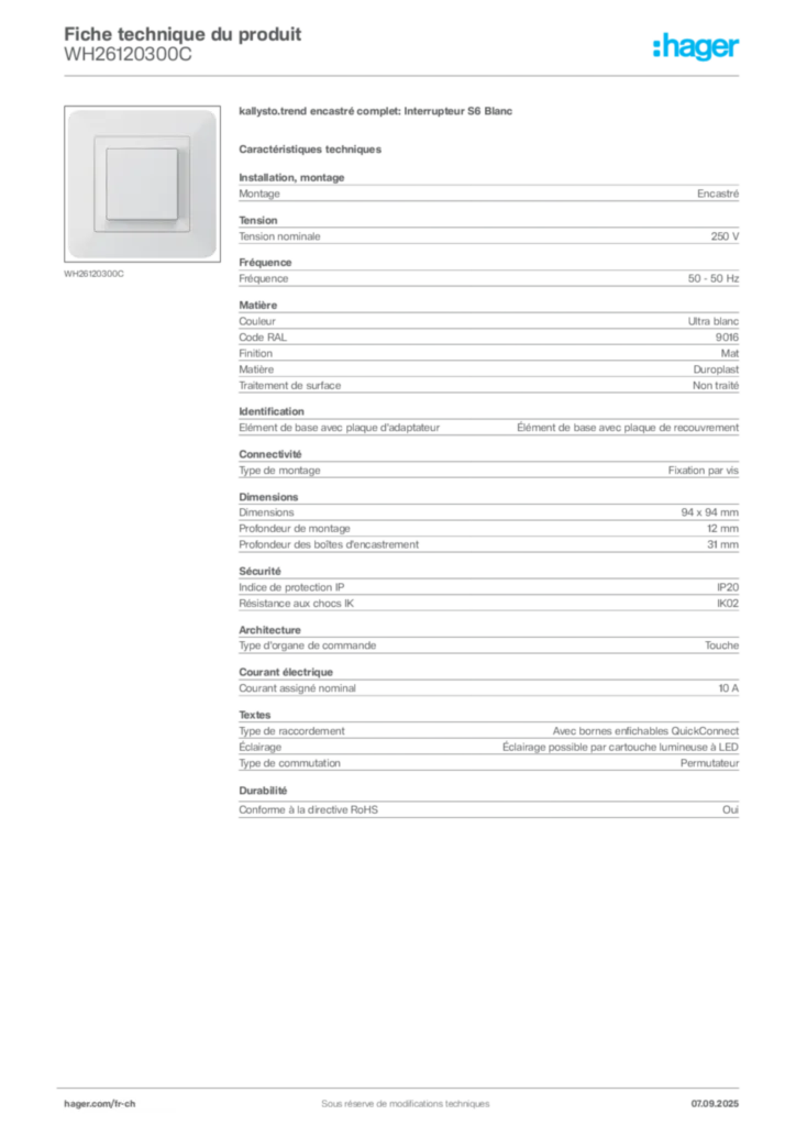Image Hager Fiche technique du produit WH26120300C | Hager Suisse