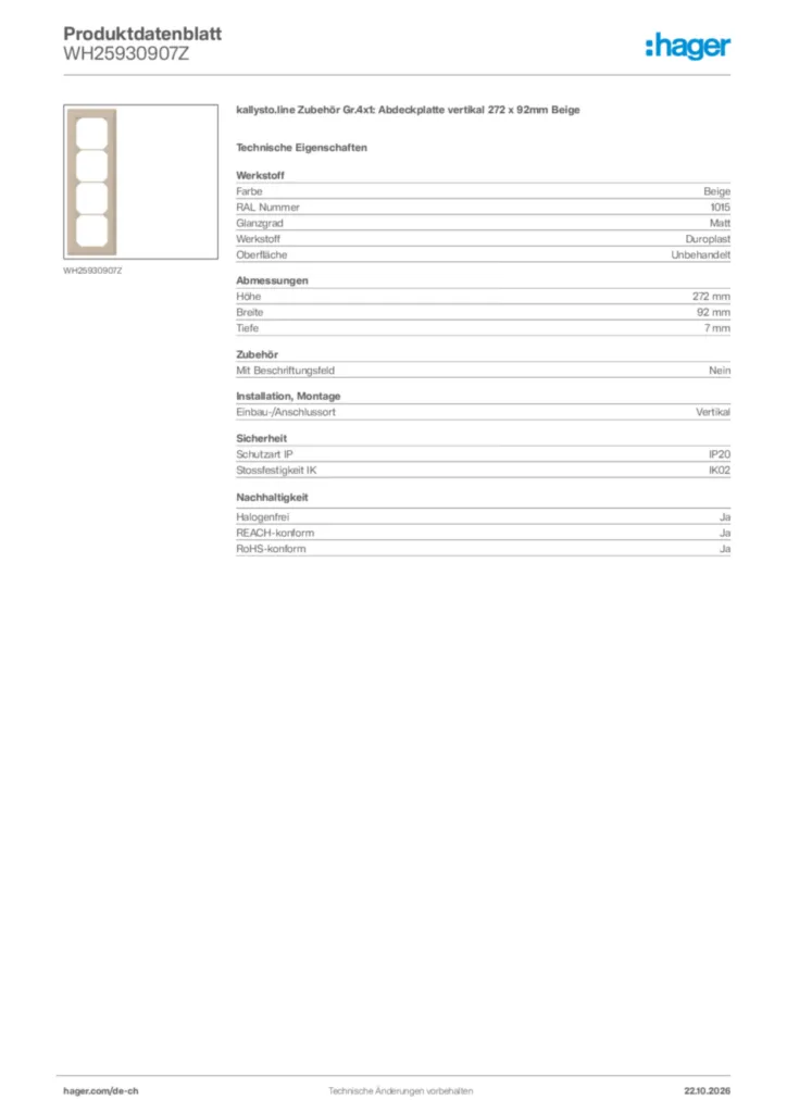 Bild Hager Produktdatenblatt WH25930907Z | Hager Schweiz