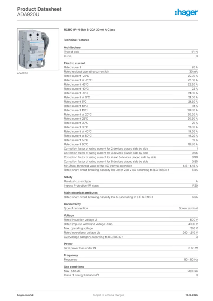 Image Hager Product data sheet ADA920U  | Hager