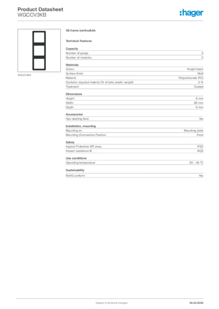 Image Hager Product data sheet WGCCV3KB  | Hager